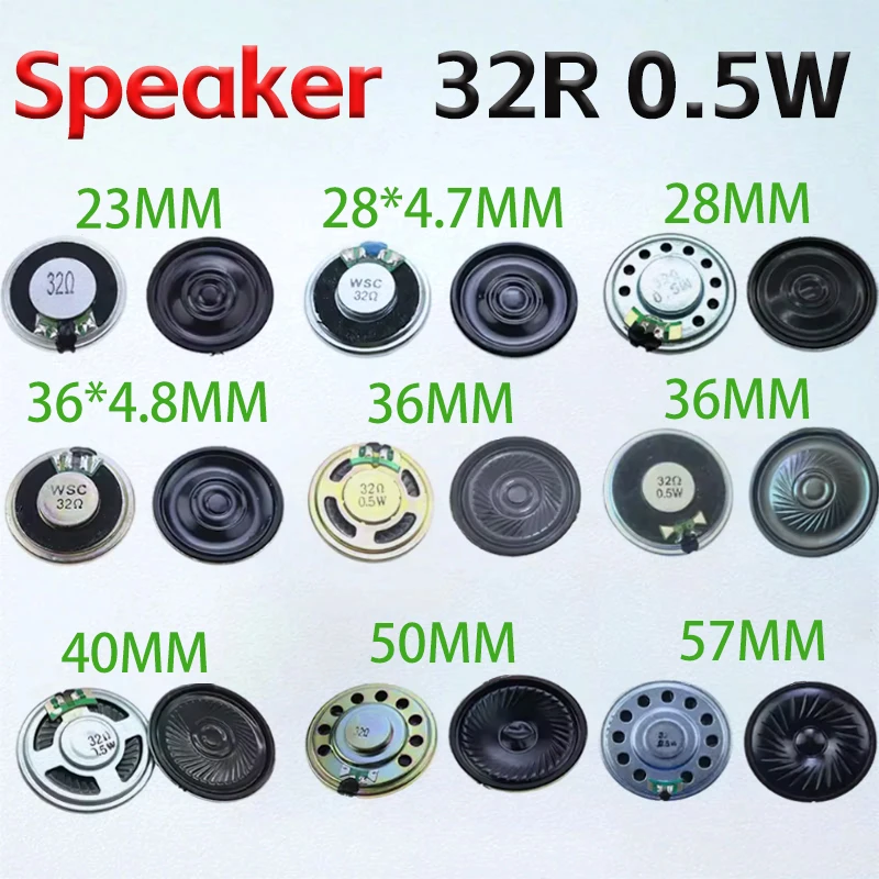 2 Stück 0,5 W 32R Lautsprecher 32 Ohm Lautsprecher Durchmesser 23 mm 28 mm 36 mm 40 mm 50 mm 57 mm Lautsprecher