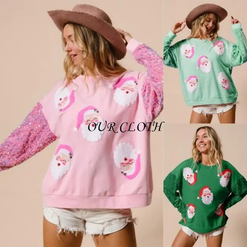 

Толстовка с длинными рукавами и блестками для женщин с графикой Санта-Клауса для женщин, наряд для рождественской вечеринки Y1AC