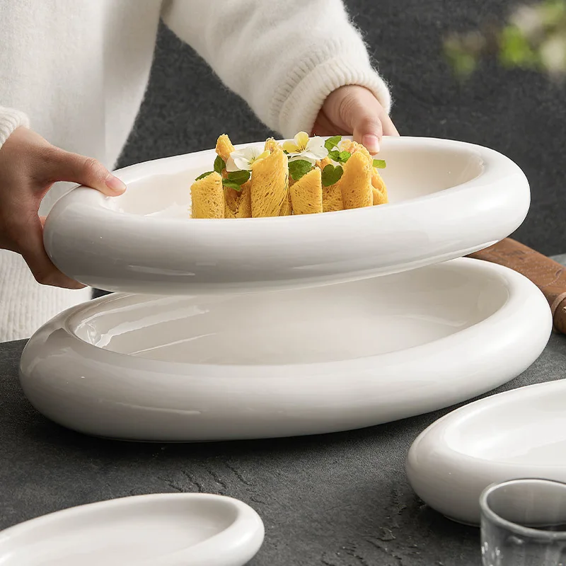 

Ceramic Plates Household Serving Plates Luxury Hotel Tableware Creative Double Layer Insulated Artistic Cuisine Display Tray