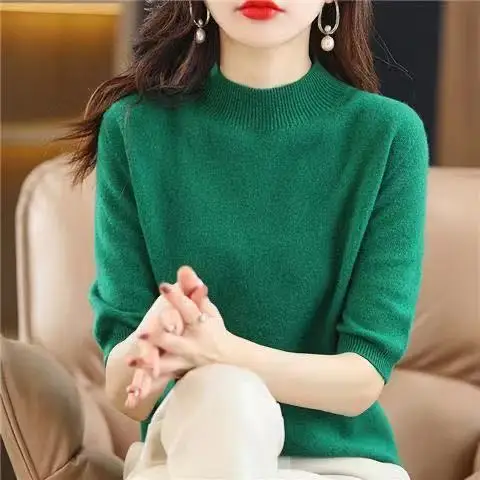 

Women's Knitted Five-Quarter Sleeve Top Half-High Collar Base Layer Shirt Half Sleeve T-Shirt Versatile Outerwear Inner Wear
