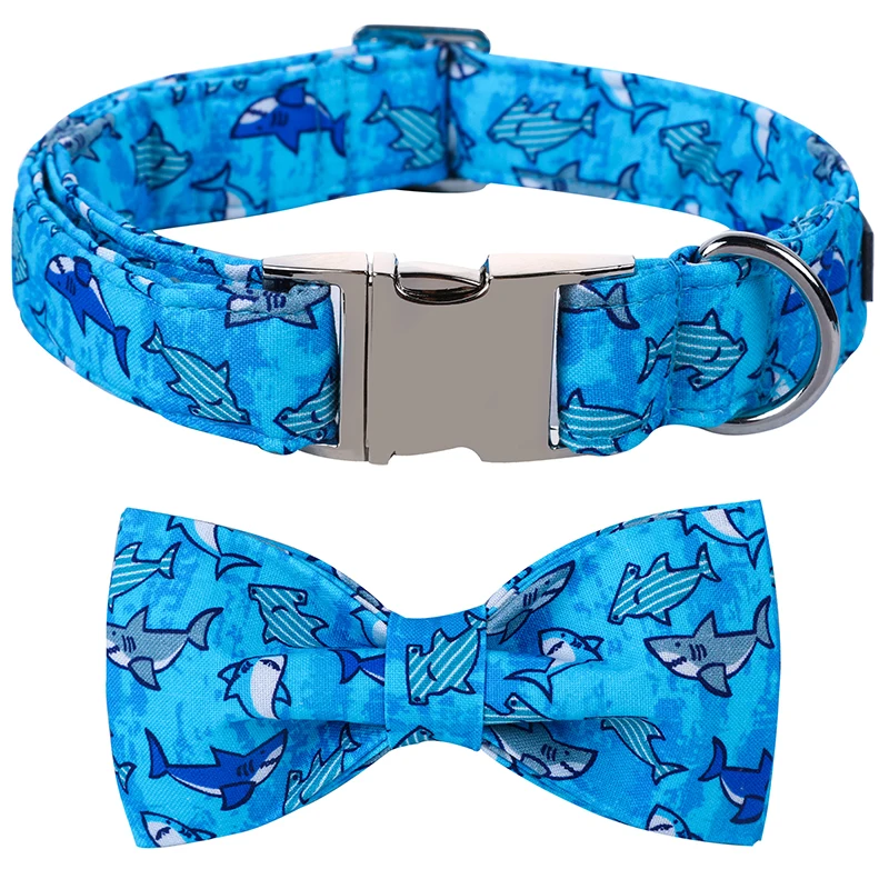 Personalized Summer Dog Collar with Bowtie Shark Blue Dog Collar Adjustable Puppy Dog Collar for Large Medium Small Dog