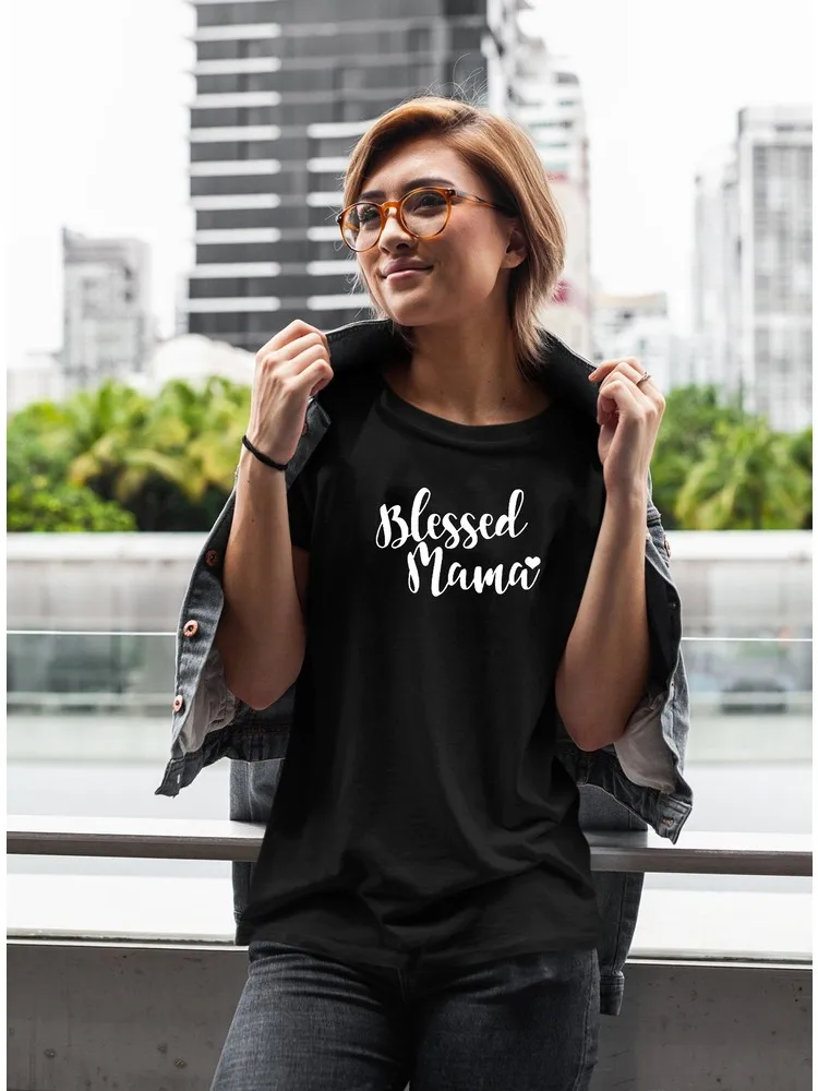 

Blessed Mama Letters Print Short Sleeve Women Tshirt Casual Funny T-Shirt Yong Lady Mom Life Regular O-Neck