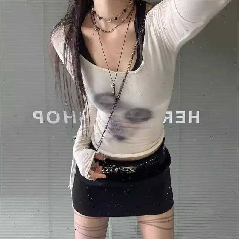 

Grunge Aesthetics Mesh Top Korean Fashion See Through Crop Tops White Harajuku Y2k Grunge Streetwear Long Sleeves T Shirts