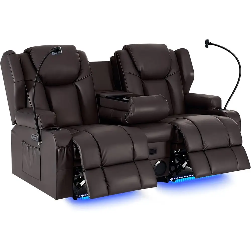 

Brown Leather Loveseat with Center Console, USB-C Port, Massage & Heat Functions, Oversized Recliner for Home Theater