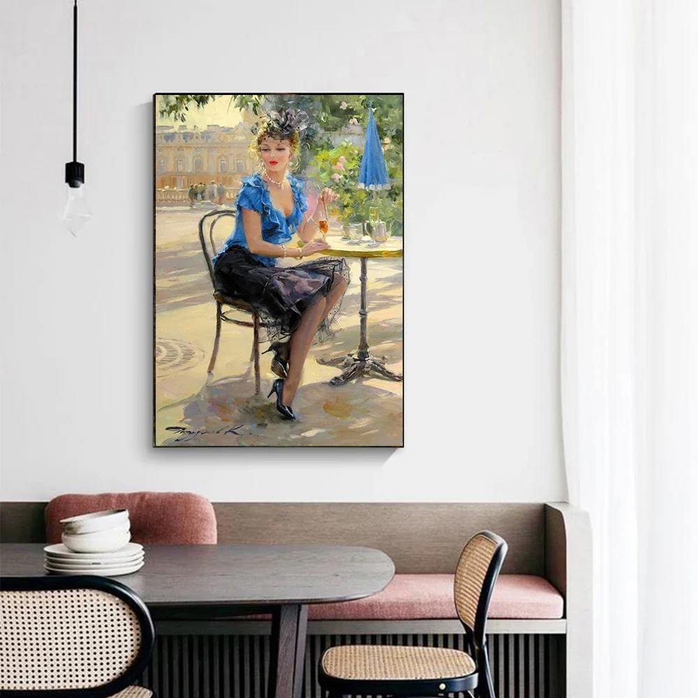 Konstantin Razumov《Fashionable lady wearing blue short shirt》Canvas Oil painting Art Poster Picture Decor Home Decoration