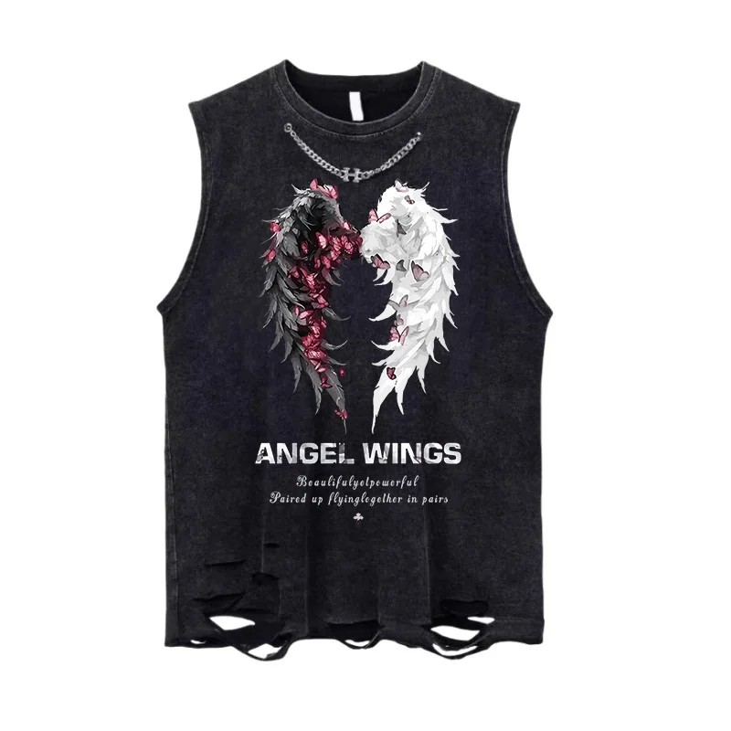 Y2K Fashion Men American Style Street Angel Wings Print Cotton Vest Sleeveless T-shirt Summer Casual Mens Black Oversized Vest