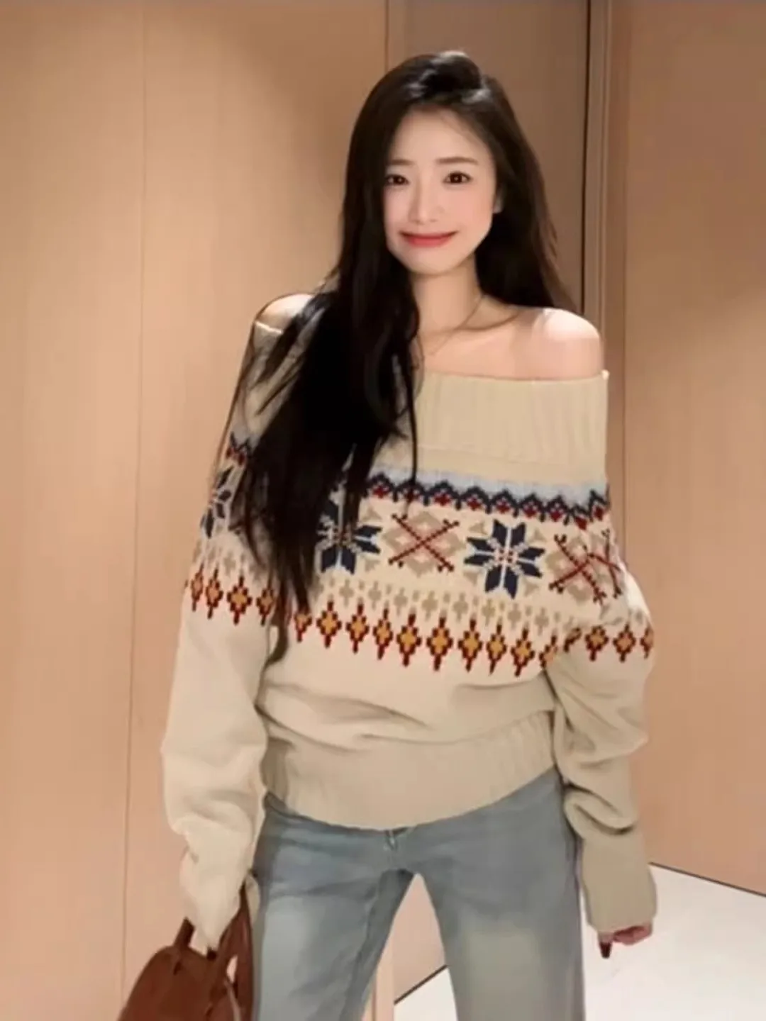 Sweter damski w stylu retro Fair Isle, luźny, długi, z jednym ramieniem, idealny na jesień i zimę, wygodny, wyszczuplający.