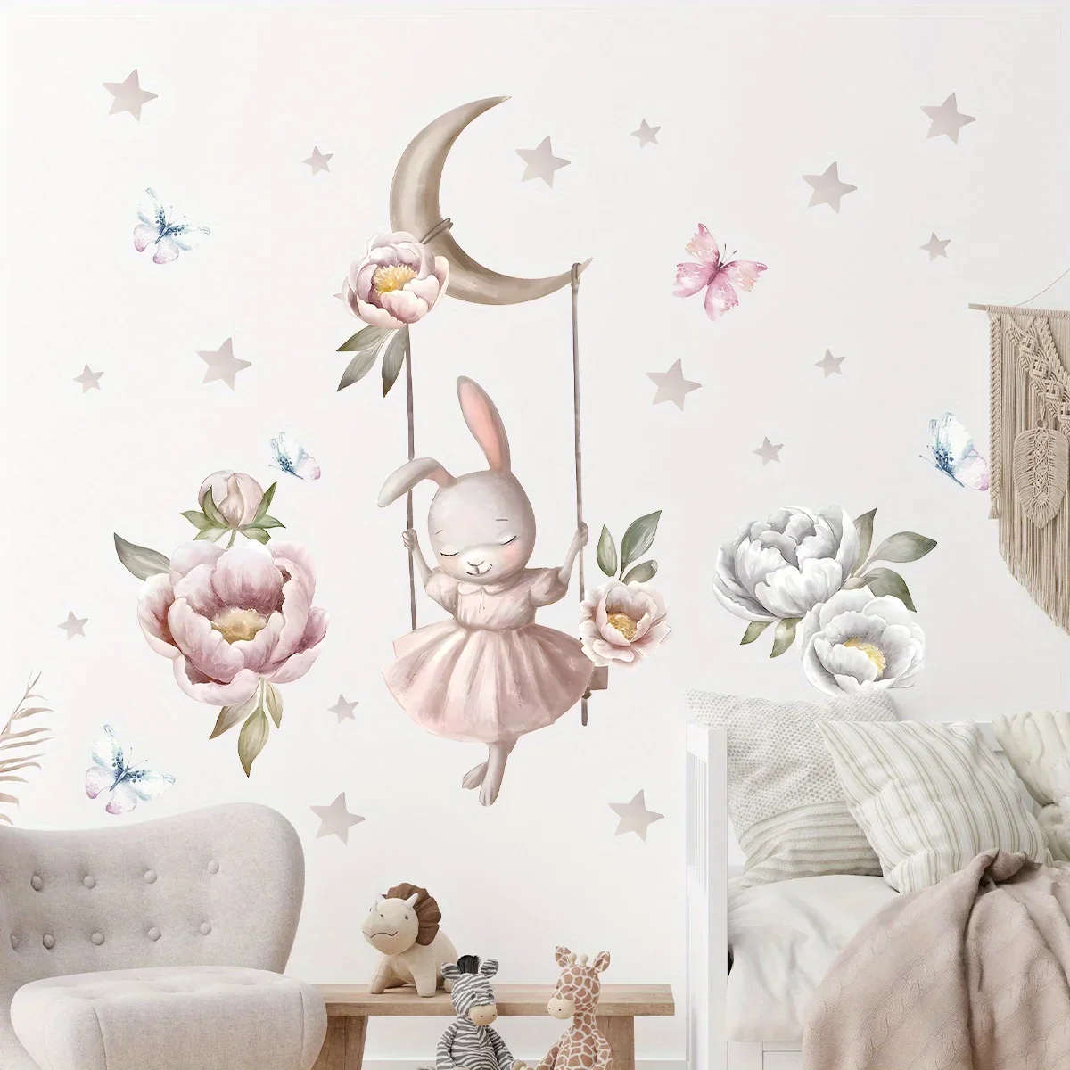 1Pc Cartoon Rabbit The Swing Flower farfalle adesivi murali per la decorazione della camera da letto bambini Baby Room Decor soggiorno Nursery