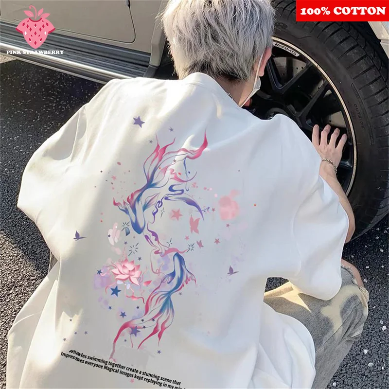 

American style Fish Print White T-shirt Men Summer 2025 New high quality Round neck Short sleeve Tee Loose Y2k Tops men clothing