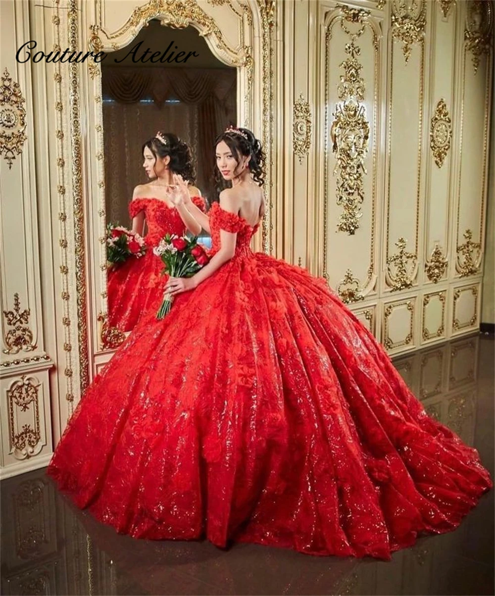 Shinning Red Off The Shoulder Quinceanera Dresses Ball Gown Birthday Gown Lace-Up Sparkly Sweet 15 16 Dresses vestidos de gala