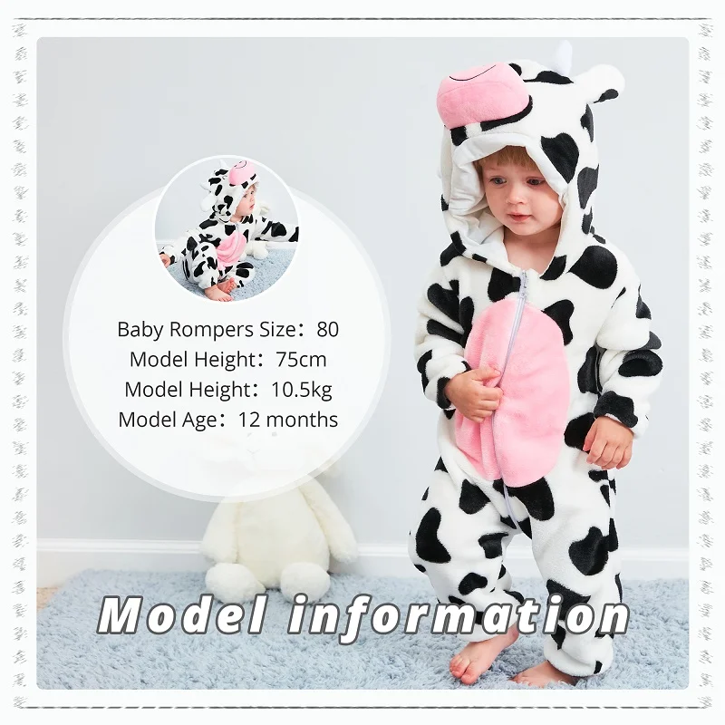 MICHLEY Halloween Cow Flannel Baby Rompers Winter Clothes Costume Hooded Bodysuits Pajamas Animals Overall Jumpsuit For Girl Boy