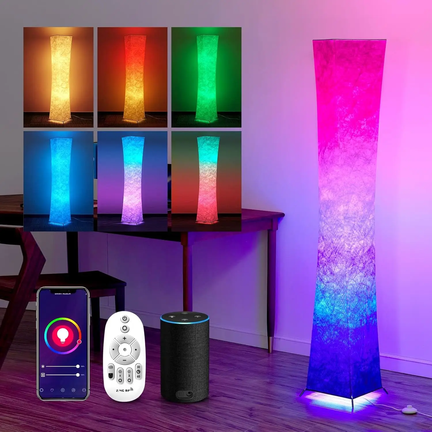 

Color Changing LED Smart Bulbs White Fabric Shade, with Remote Control, Standing La