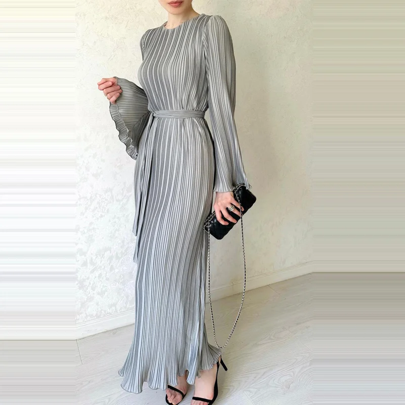 New Autumn Women Pleated Flared Sleeve Mid Length Dress 2024 Lady O Neck Casual Party Dress Spring Female Belt Slim Office Dress