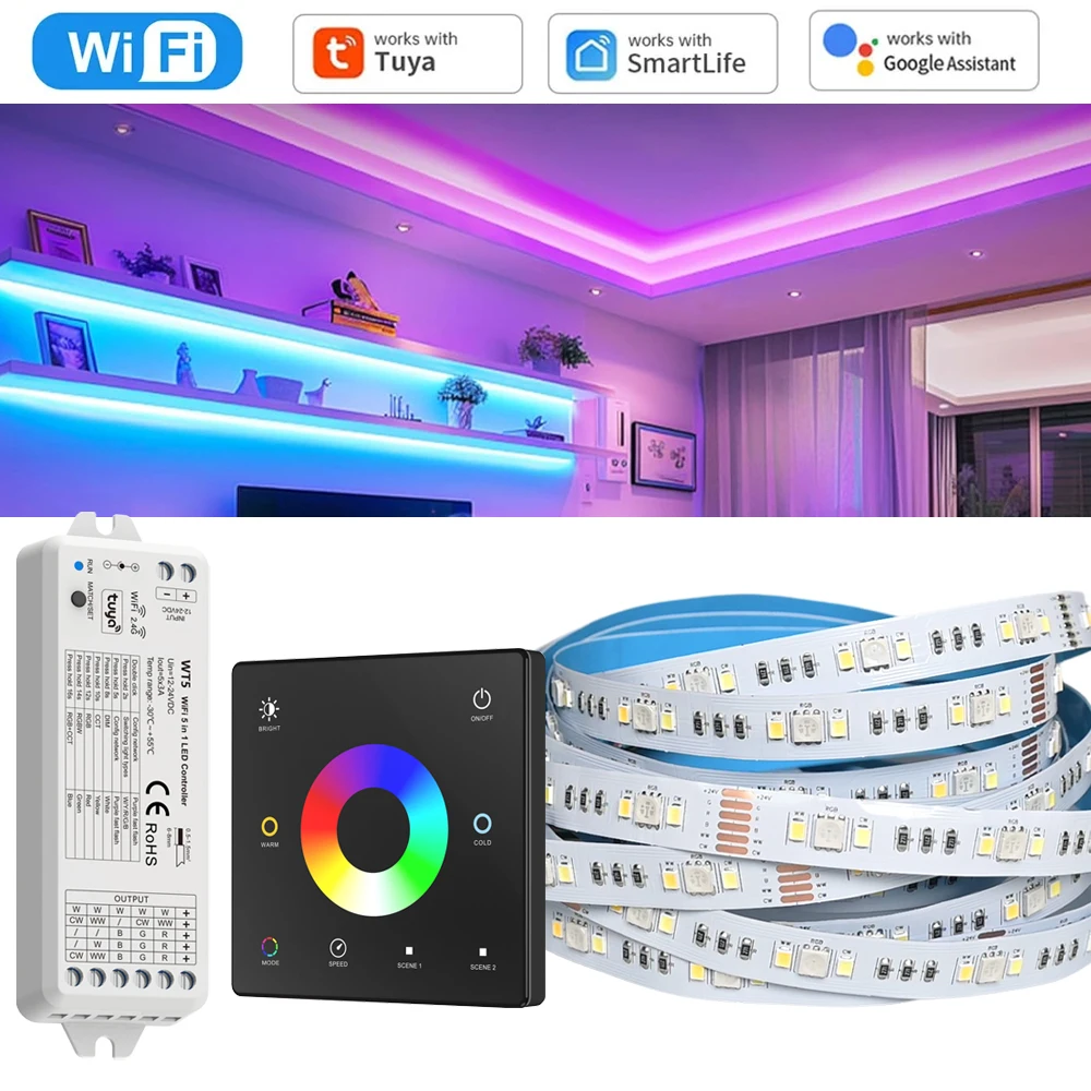 

10 м 20 м Tuya WiFi RGB + CCT светодиодная лента 24 В 5050 цветная + двойная белая регулируемая яркость светильник для декора комнаты RF Touch Remote для Alexa Google Home