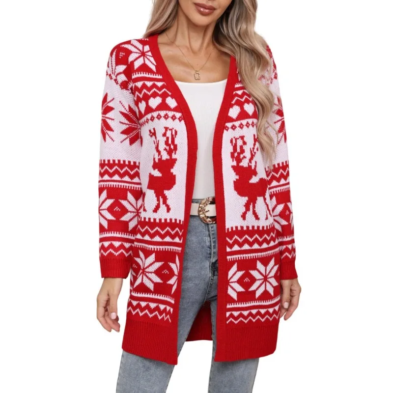 Cardigan brodé de renne et de flocon de neige pour femmes, pull confortable en tricot ouvert sur le devant pour tenue de fête de vacances, nouvel an