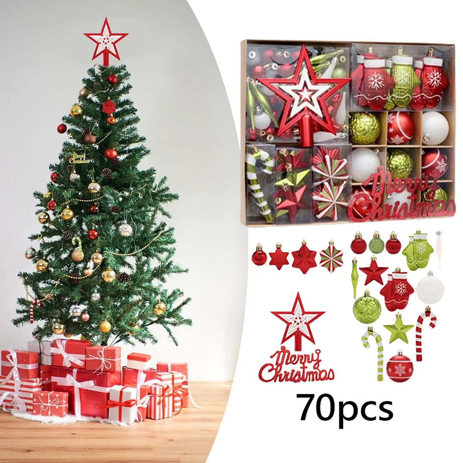 70Pcs Christmas Tree Ornaments Set Tree Hanging Decoration Xmas Christmas Balls Ornaments Christmas Bauble for Indoor Outdoor