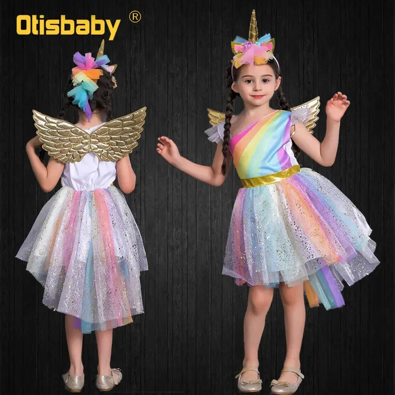 

Child Halloween Girls Pony Ball Gown Infant Rainbow Voile Unicorn Dress Kids Horse Clothes Girl Angel Unicorn Wing + Headband