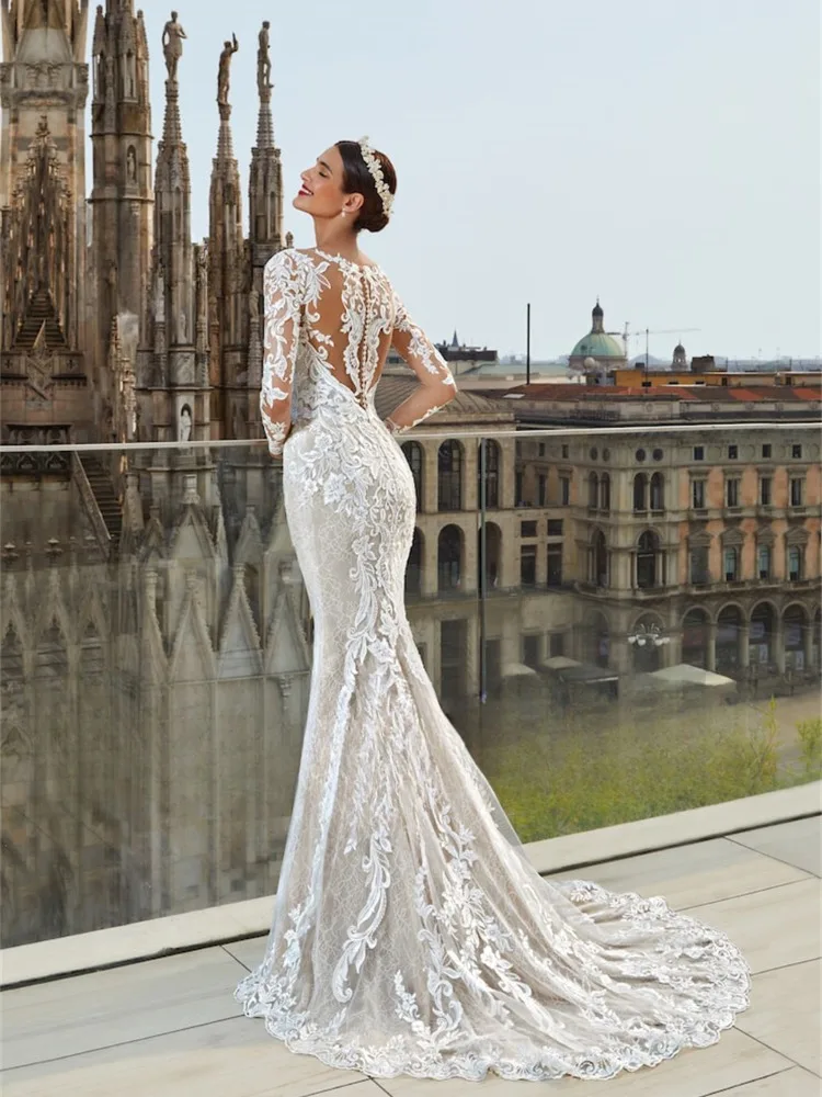 Abiti da sposa a sirena di lusso per le donne o-collo trasparente maniche lunghe treno staccabile Appliques di pizzo abito da sposa Robe De Mariee