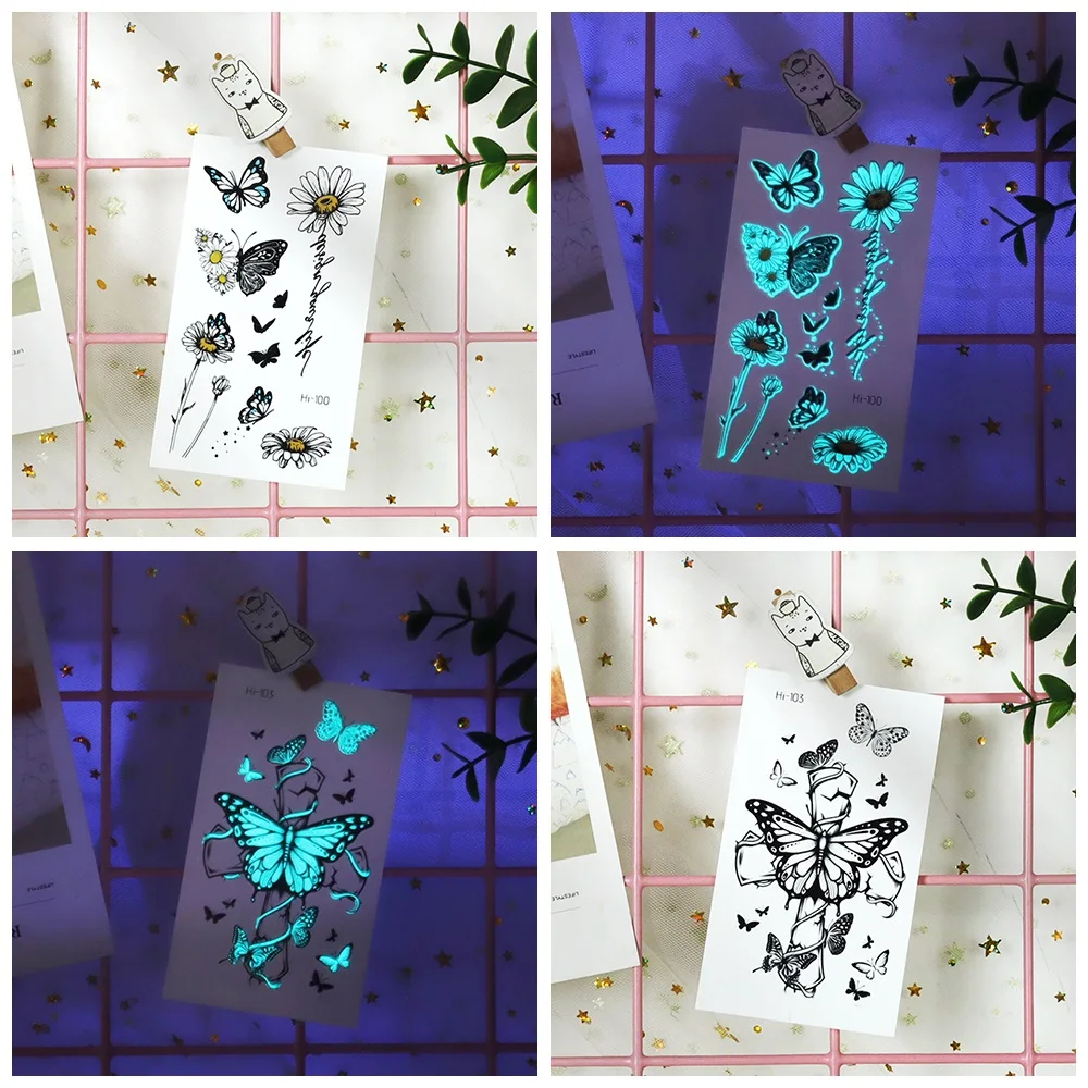 Glow Butterfly Blue Luminous Tattoo Sticker Camping Waterproof Temporary Tatoo Feathers Disposable Fake Tatto Gradient Body Art