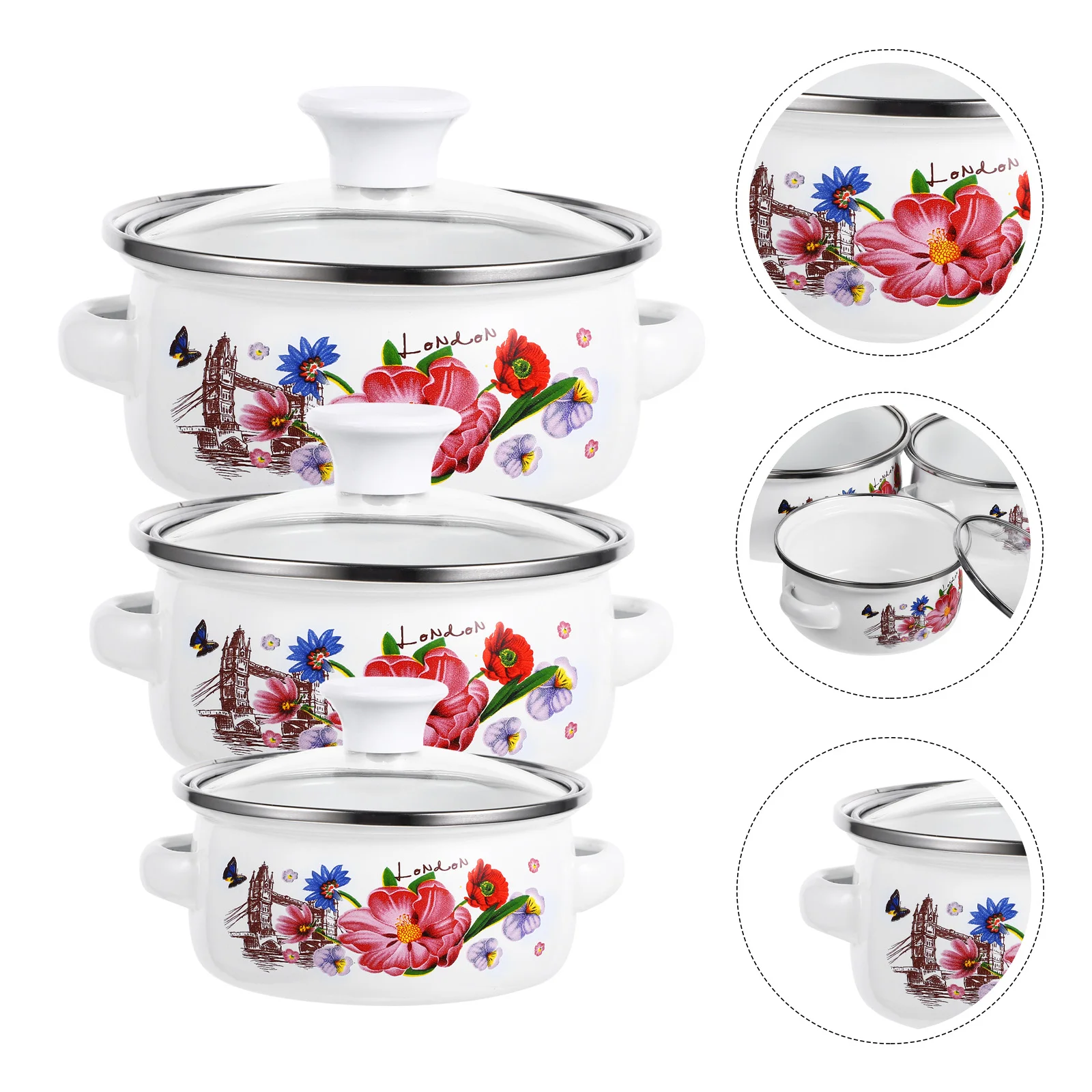 

3 Pcs Stew Pot with Lid Soup Handles Cooking Kitchen Enamel Stockpot Pans Pots Small Saucepan