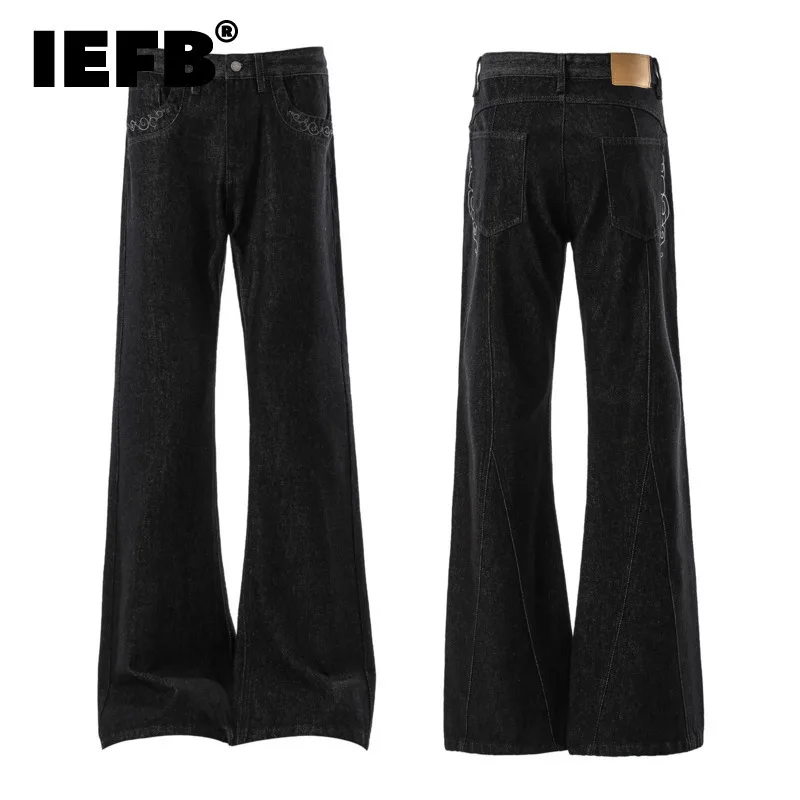 IEFB Niche Design Men's Jeans Embroidery Contrast Color Casual Wide Leg Denim Pants All-match Trendy Straight Male Bottom 9X831