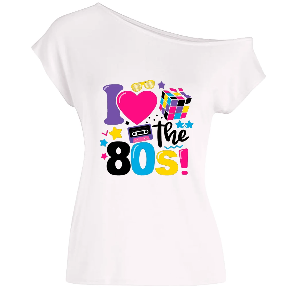 XUANSHOW 2024 Sommer I Love the 80s Emotional Element T-Shirt Sexy Off Shoulder Tops Kurzarm Buchstaben bedrucktes T-Shirt – Detail 30