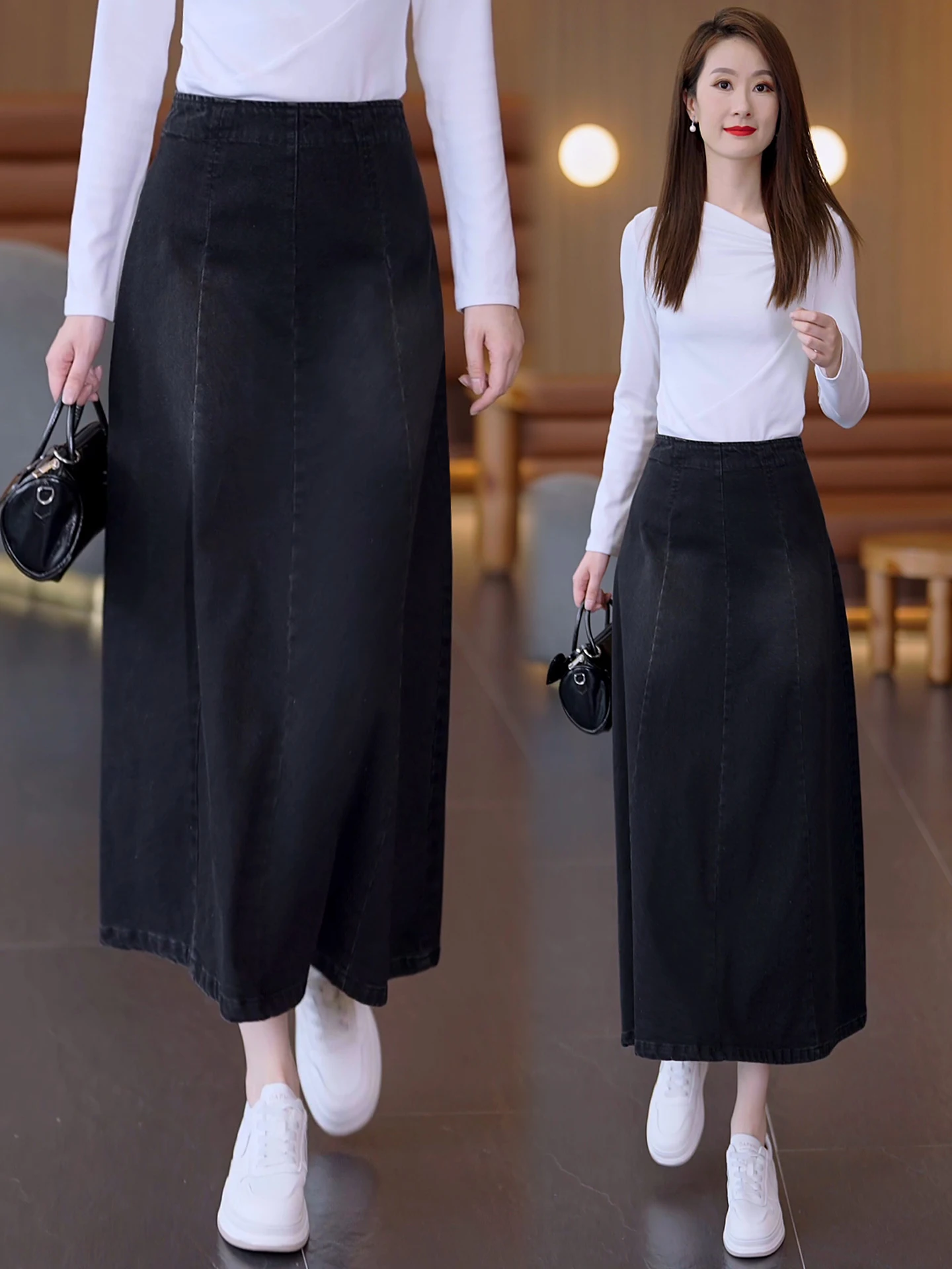 

High Waist A-Line Midi Skirt for Women Spring Autumn 2026 New Style Denim Black Slimming Long Skirt Wide Hem Umbrella Skirt