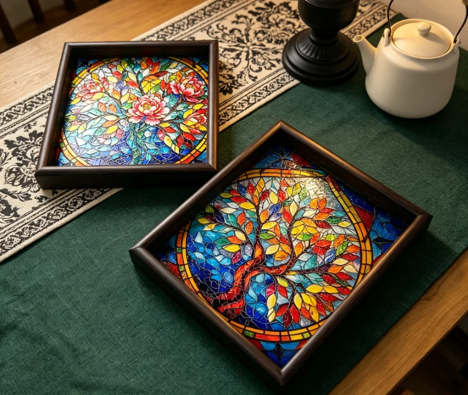 

Vintage Square Storage Box with Wooden Frame & Stained Glass, Desktop Cosmetic Sundry Organizer, Home Decor Ornament
