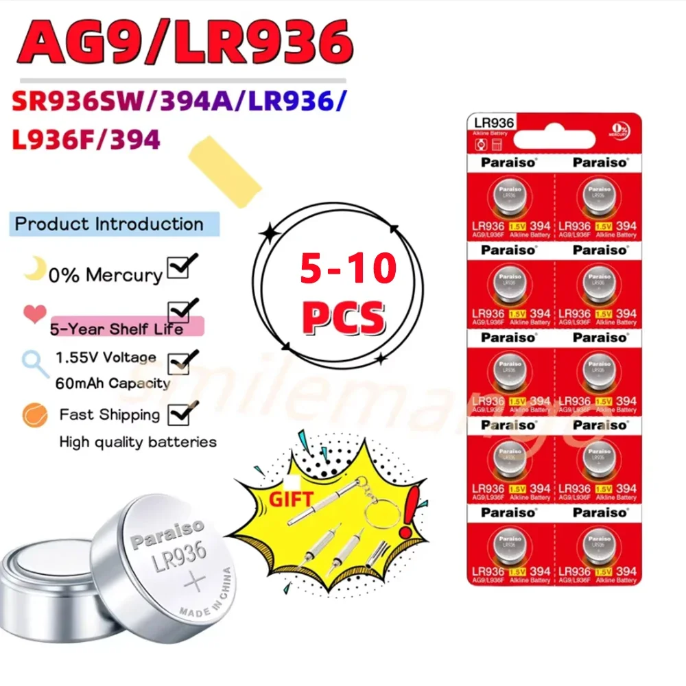 AG9 1.55V 2023 nueva batería de alta capacidad, SR936SW LR936 394 LR45, adecuada para relojes, juguetes, básculas electrónicas, baterías de monedas