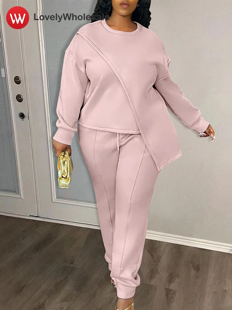 

LW Plus Size Two-piece Pants Set for Women 2024 Autumn Winter Casual O-neck Pullover Tops Drawstring Long Pants Large Size Sets