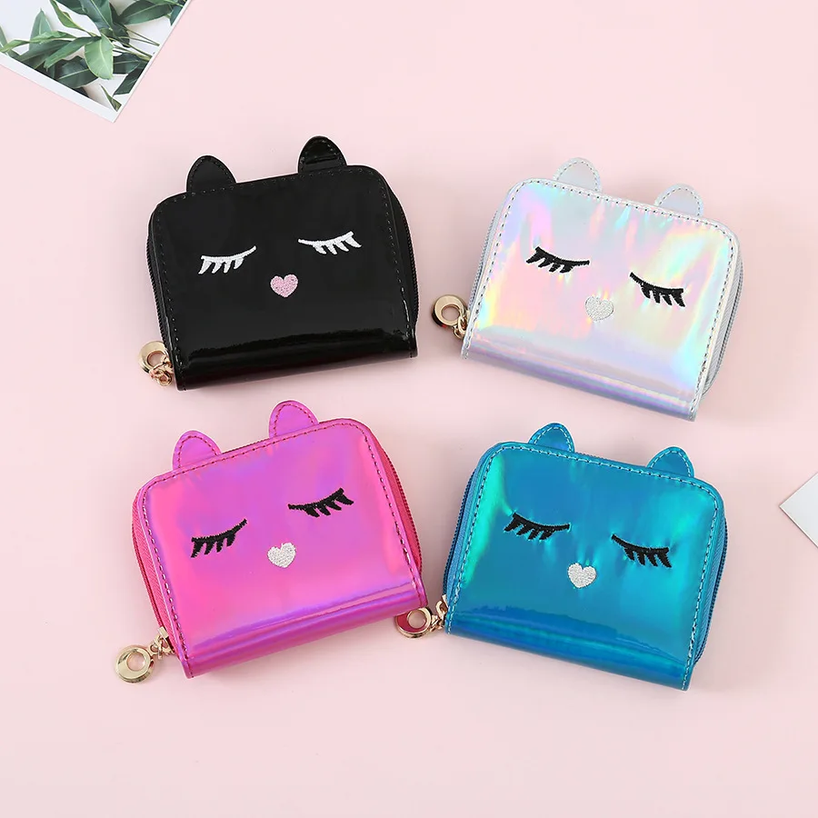 

Fashion Laser PU Leather Wallets Short For Women Girls Kids Coin Purses Cartoon Cat Face Mini Card Holders Gifts Wholesale 2022