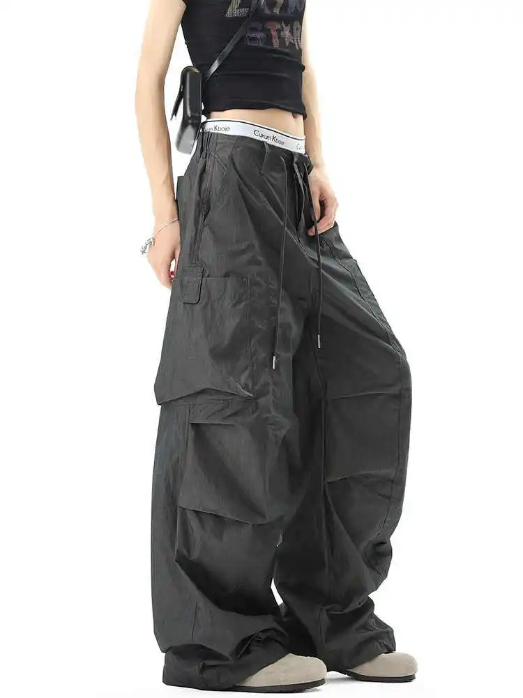 

Женские темно-серые брюки-карго большого размера Harajuku, брюки-парашюты большого размера 2000-х годов, Y2k, винтажные мешковатые широкие спортивные брюки, осень