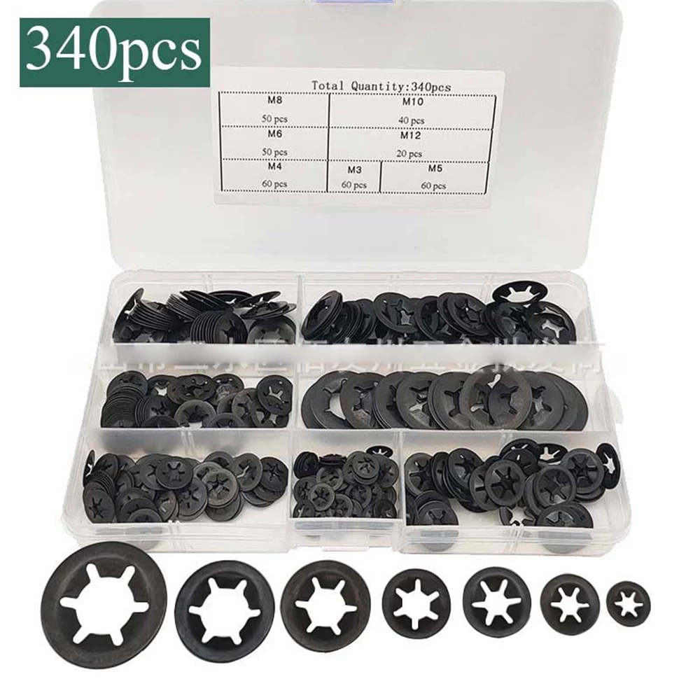 340Pcs M3 M4 M5 M6 M8 M10 M12 Push-on Locking Washers Star Nut Locking Fastener Assorted Kit