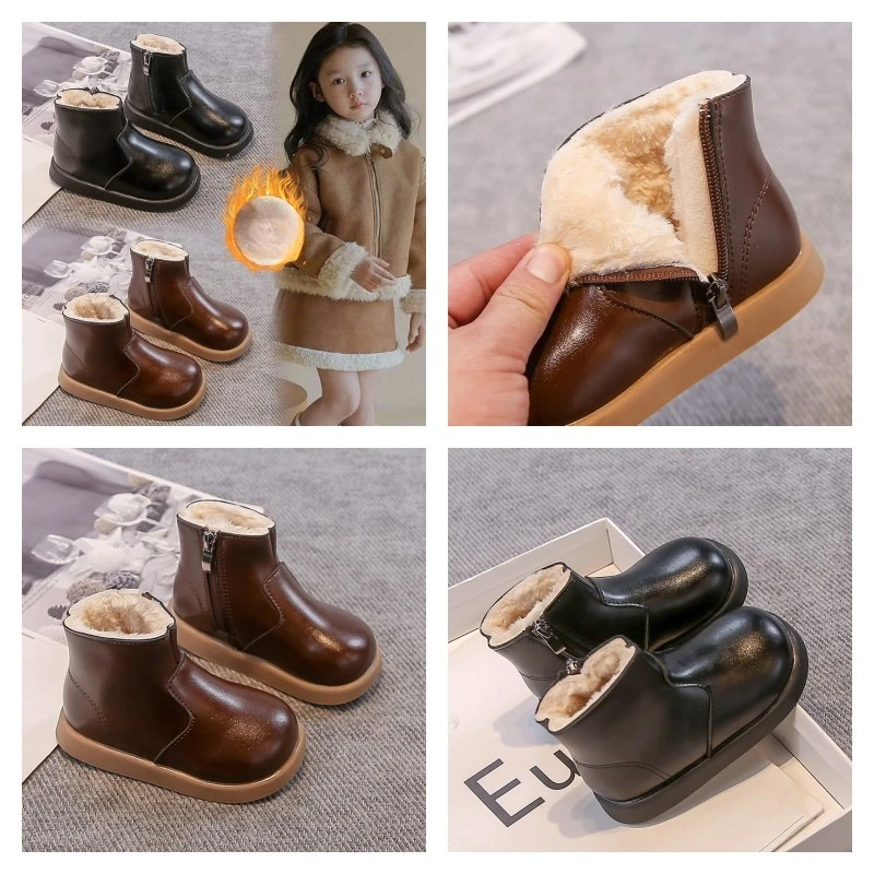 

Children's Padded Fashion Leather Boots 2-18 Years Old Brown Boys Girls Cotton Shoes Black Hundred Soft Kids Baby Short Boots
