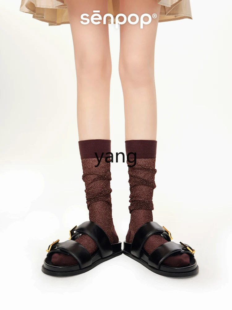 LMM black stockings thin stacking socks women's sandals socks summer black with small leather shoes medium tube socks