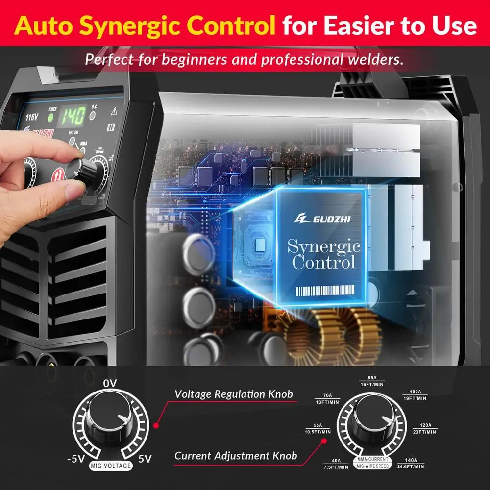 140 A Spawarka MIG Drut spawalniczy z rdzeniem topnikowym .030 Spawarka wieloprocesowa 3 w 1 Sterowanie synergiczne Funkcje bezpieczeństwa Przenośna konstrukcja