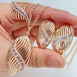 Kinel Hot 585 Rose Gold Color Bridal Wedding 3Pcs Jewelry Sets Shiny Purple Natural Zircon Ring Earrings Necklace for Women
