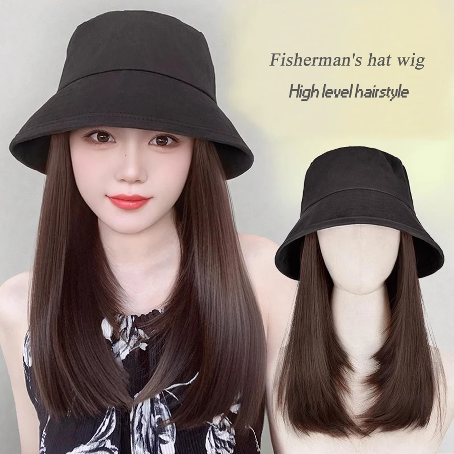 short synthetic Fisherman's hat wig Short inner buckle straight hair black/white hat Wig hat integrated sun