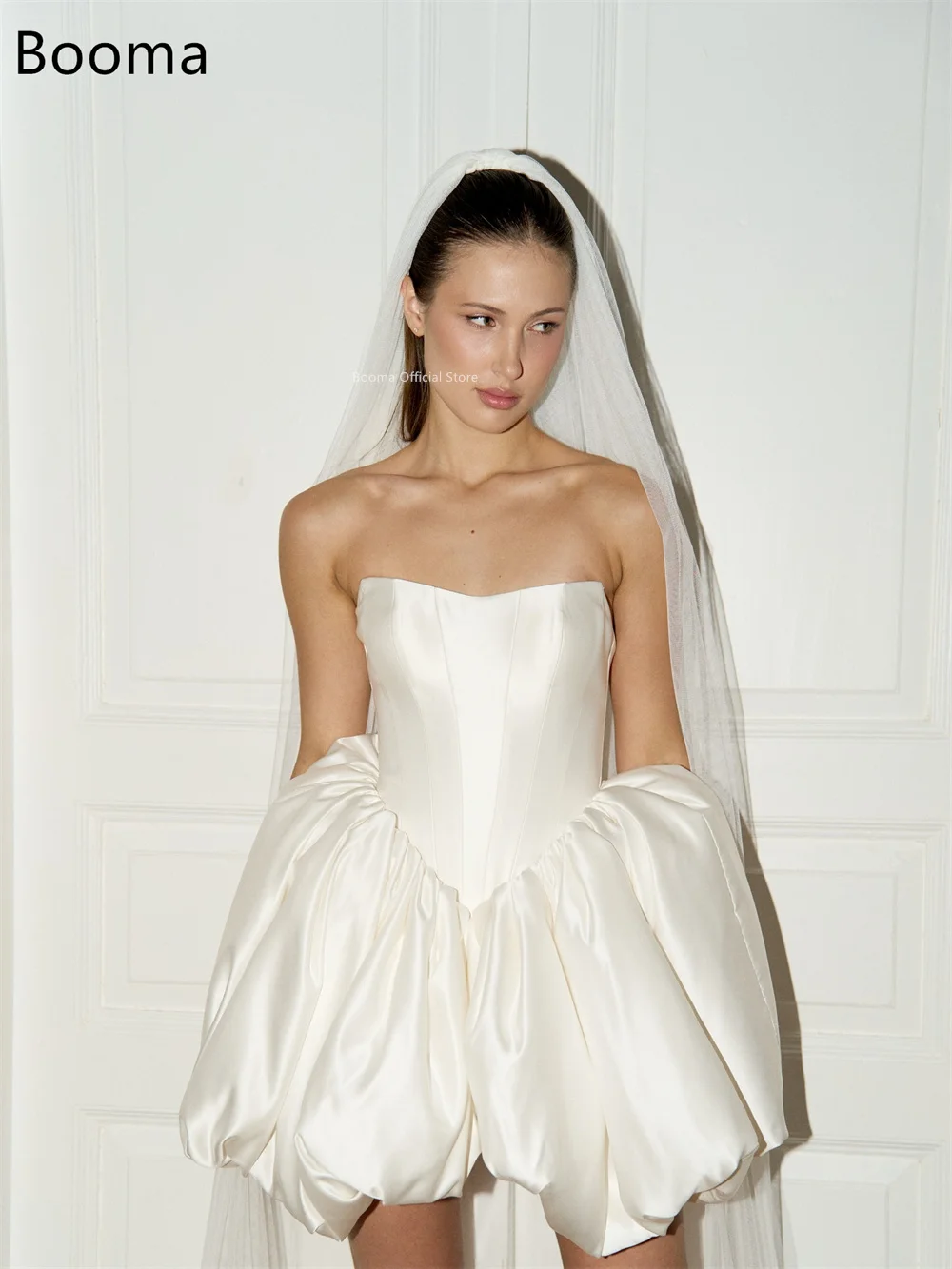 Booma a-line فساتين زفاف كلاسيكية صغيرة بسيطة بدون حمالات من الساتان بسيطة عاجية بدون أكمام فستان عرائس مصنوع حسب الطلب 2025 #3