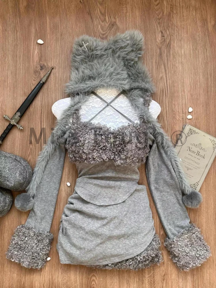 Autumn Sweet Sexy Gray Irregular 2 Piece Set Women Slim Top + Short Skirt New Design Sense Korean Aesthetic Y2k Style Suit 2024