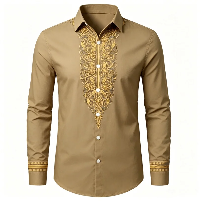 African Ethnic Style Golden Embossed Pattern Long Sleeve Shirts For Men Fashion Luxury Formal Casual Tops Evening Party Wear Blo