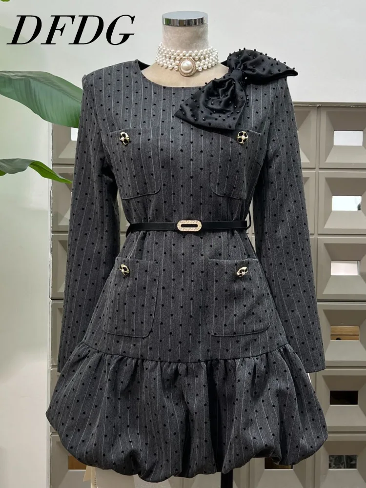 DFDG Vintage vestido flocado de lunares con cuentas a mano lazo de gran tamaño dobladillo de burbuja artesanía Boho 2025 vestido de primavera y verano