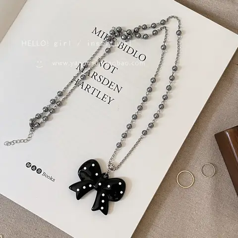 2026Retro Black Polka Dots Bows Love Pendant Necklace Kpop Long Beads Chain Sweater Chain Necklace For Women Fashion Jewelry