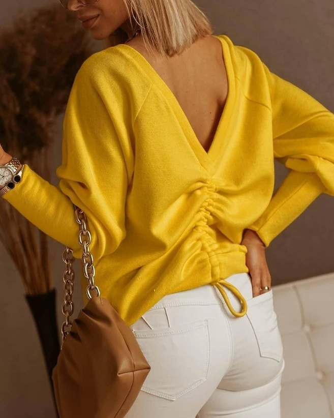 T-Shirt for Women 2024 Spring Summer New Fashion Solid Color Long Sleeve V-Neck Sleeve Back Drawstring Top Blouses Pullover