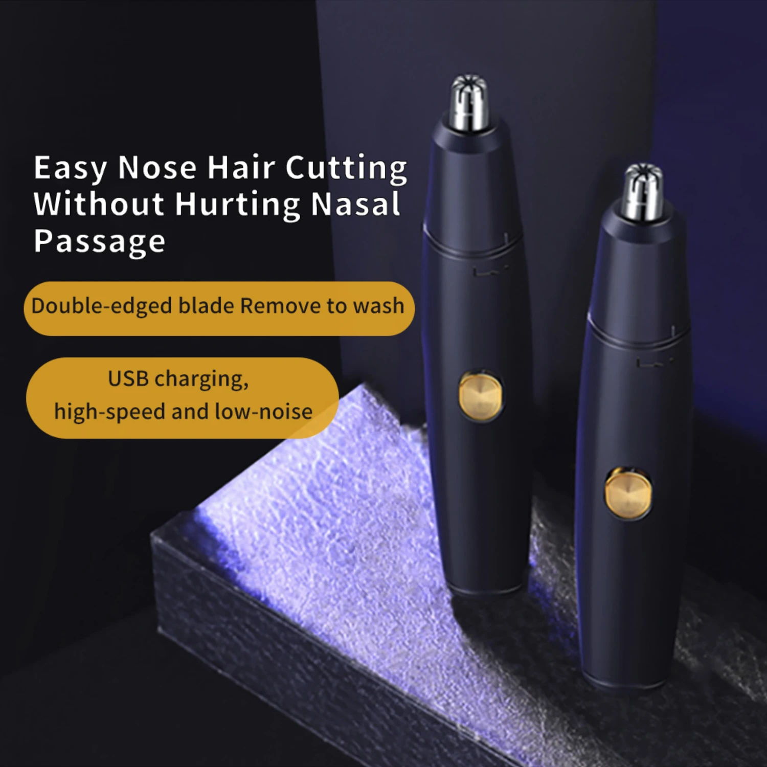 High-quality, efficient and gentle portable black USB rechargeable mini nose hair trimmer for men. Easily and cleanly remove unw