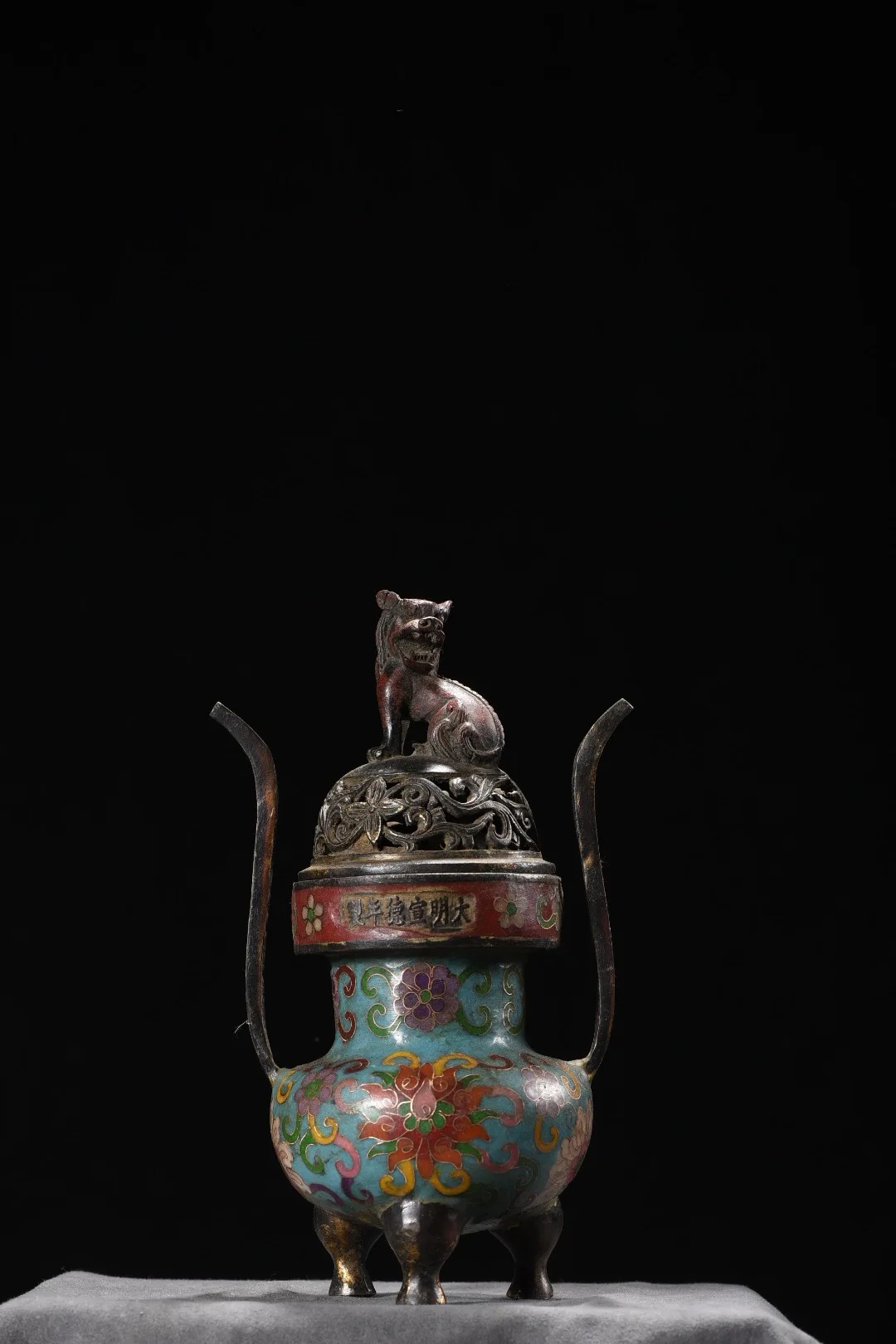

8"Tibetan Temple Collection Old Bronze Cloisonn Lotus pattern Chaoguan Ruyi Ear High cylinder incense burner Town house