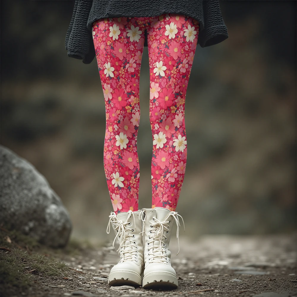 Harajuku Sweet Girly Winter Leggings Women Vibrant Pink Base with All-Over Cute Floral Print Warm Thick Tights Kawaii Pants