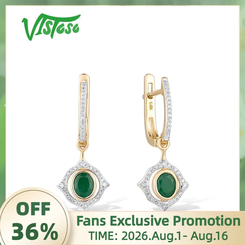 VISTOSO Gold Earrings For Women Pure 14K 585 Yellow Gold Sparkling Diamond Natural Emerald Party Anniversary Gift Fine Jewelry