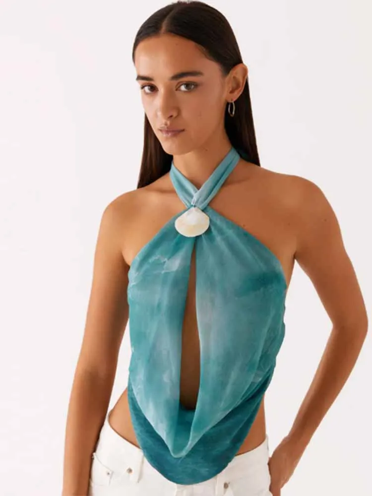 

BKQU Women Tie Dye Halter Fashion Tank Tops 2025 Summer Chic Shell Decoration Hollow Out Sexy Backless Lace Up Crop Top Vacation