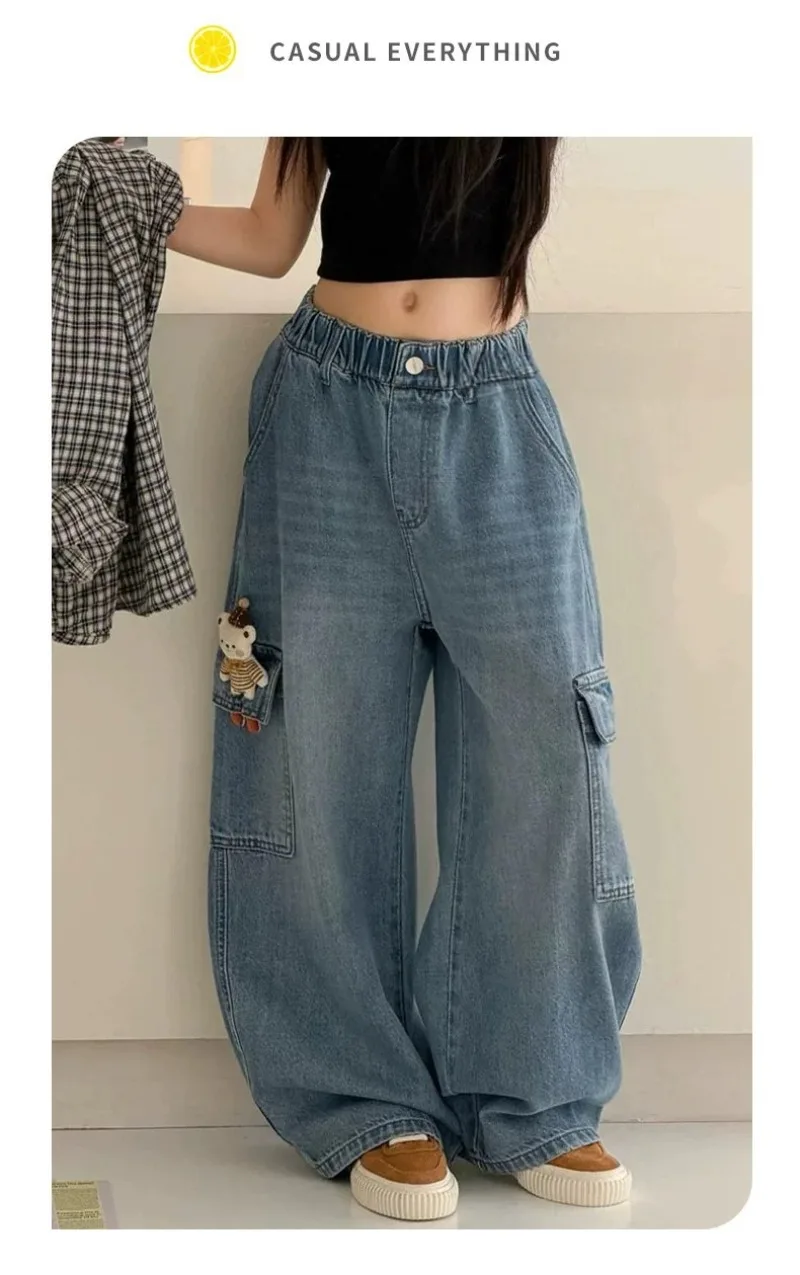 2026 UNITIM Herbst Kinder Mädchen Cargo-Hosen mit Puppendekor 4-14 Jahre Kinder Mädchen Jeans Lose Elastische Taille Junior Mädchen Weite Hosen – Detail 11